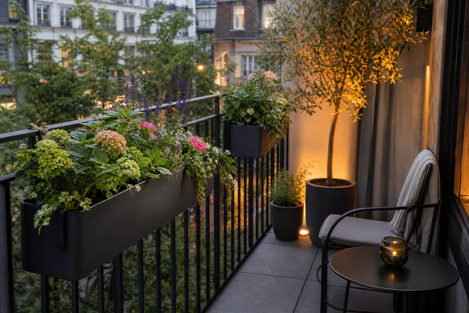 powder coated railing planter brackets holding long flower boxes on the inside of a narrow balcony rail