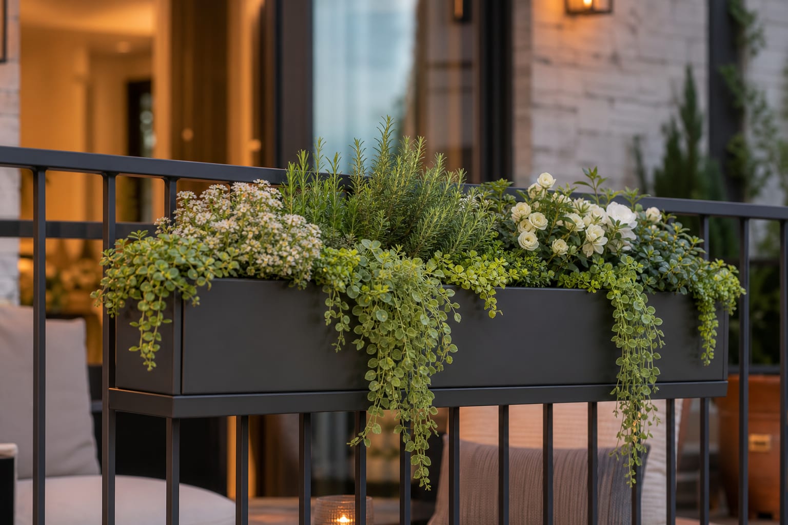 close view of a slim railing planter with herbs, white flowers, trailing greenery, and a saucer hidden behind the rail
