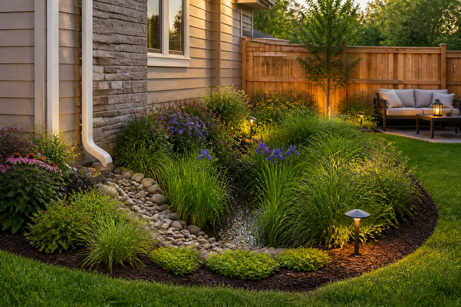 Same corner planted as a shallow rain garden basin with native grasses and a stone inlet after redesign
