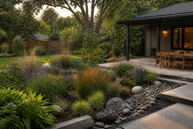 Editorial outdoor residential space illustrating rain garden ideas: beautiful, functional design that manages stormwater with warm natural light, realistic planting, hardscape, and furniture scale