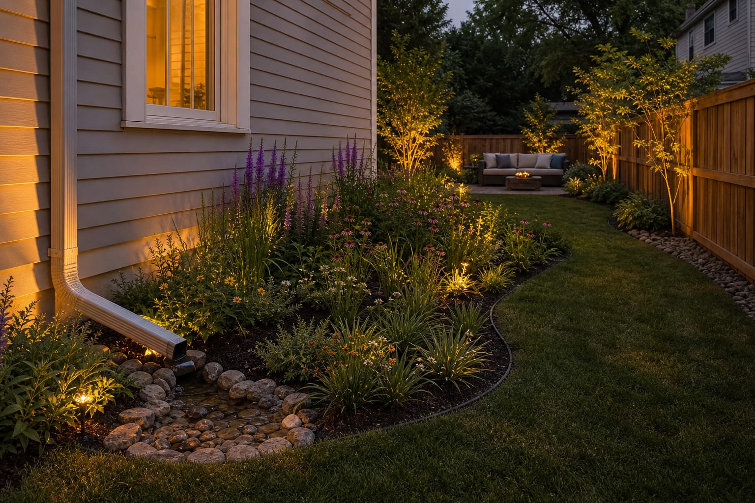 same garden angle with a shallow planted rain garden, downspout runnel, stone edge, and layered stormwater planting