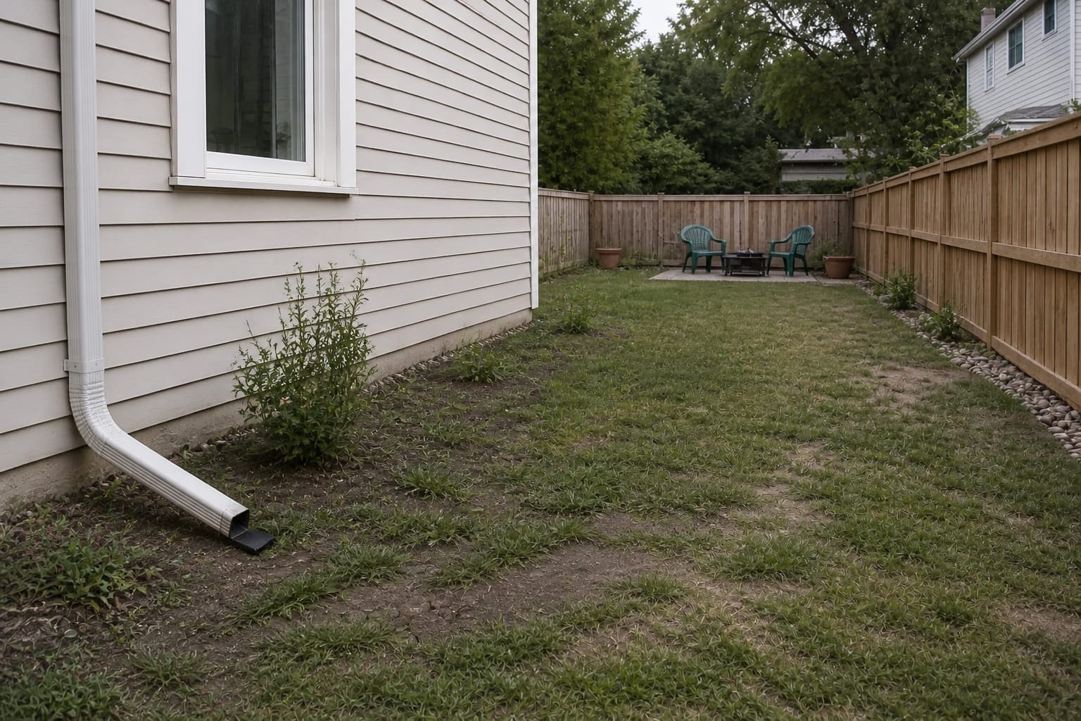 low lawn area with roof runoff, thin grass, muddy soil, and no defined planting or overflow path
