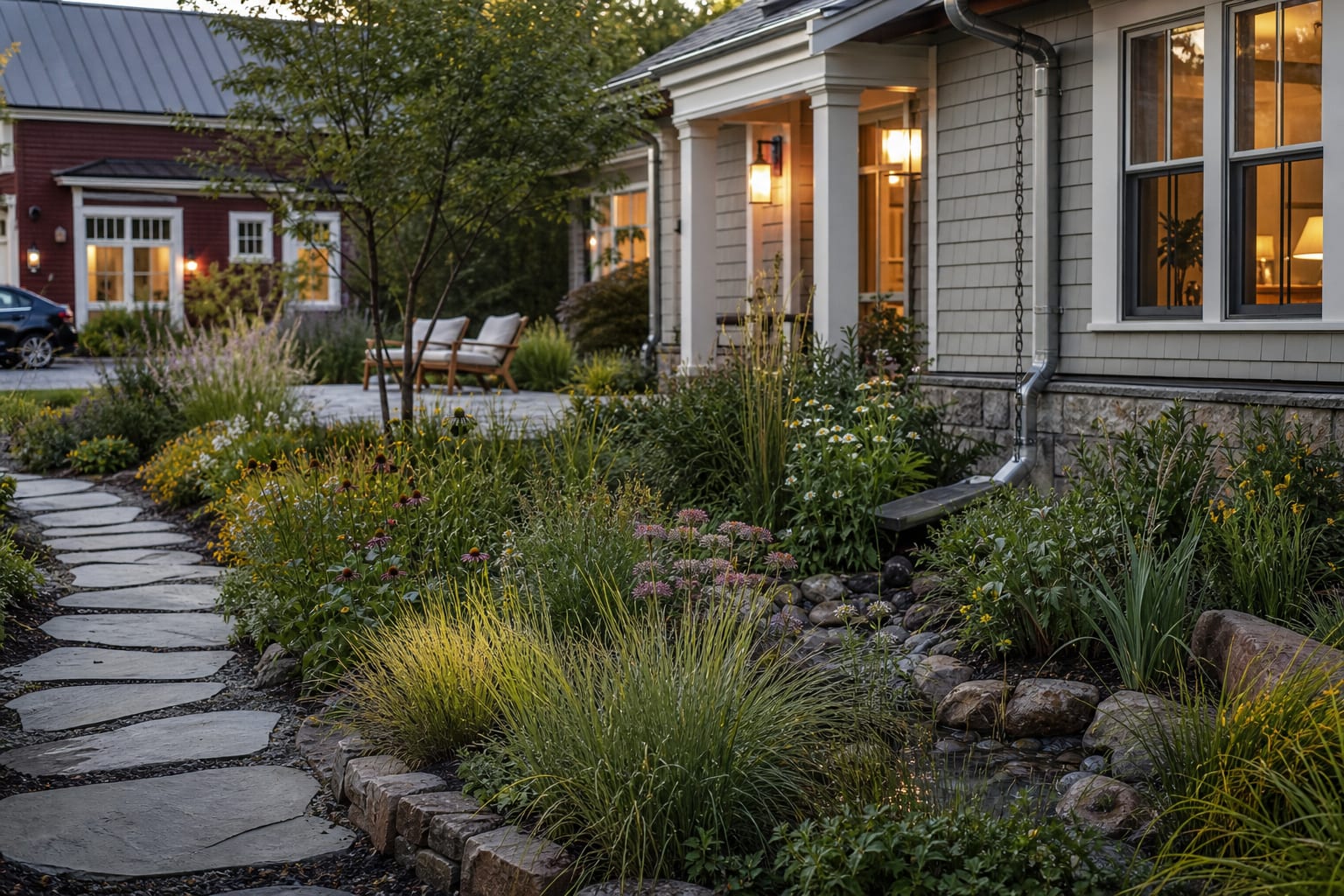 front yard rain garden with layered native planting, stone edge, and roof runoff directed into a shallow basin
