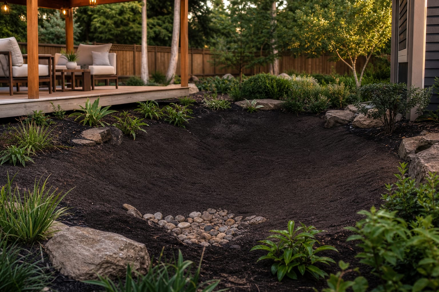shallow rain garden basin under construction with amended soil, stone inlet, and gentle side slopes before planting