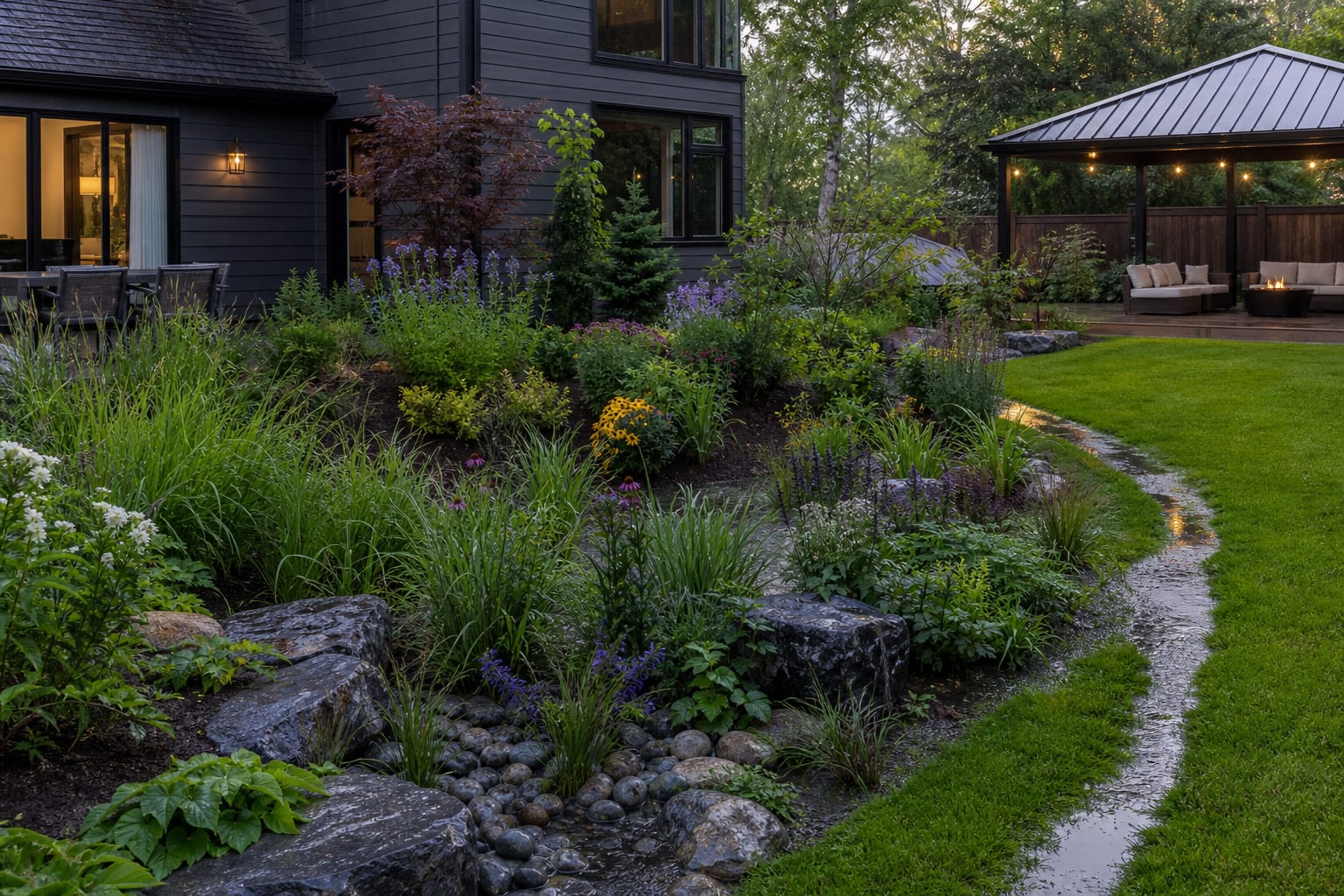 finished rain garden after rain with sedges, flowering perennials, cobble inlet, and a clear overflow edge through lawn
