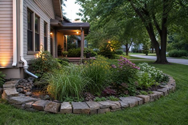front yard rain garden with layered native planting, stone edge, and roof runoff directed into a shallow basin