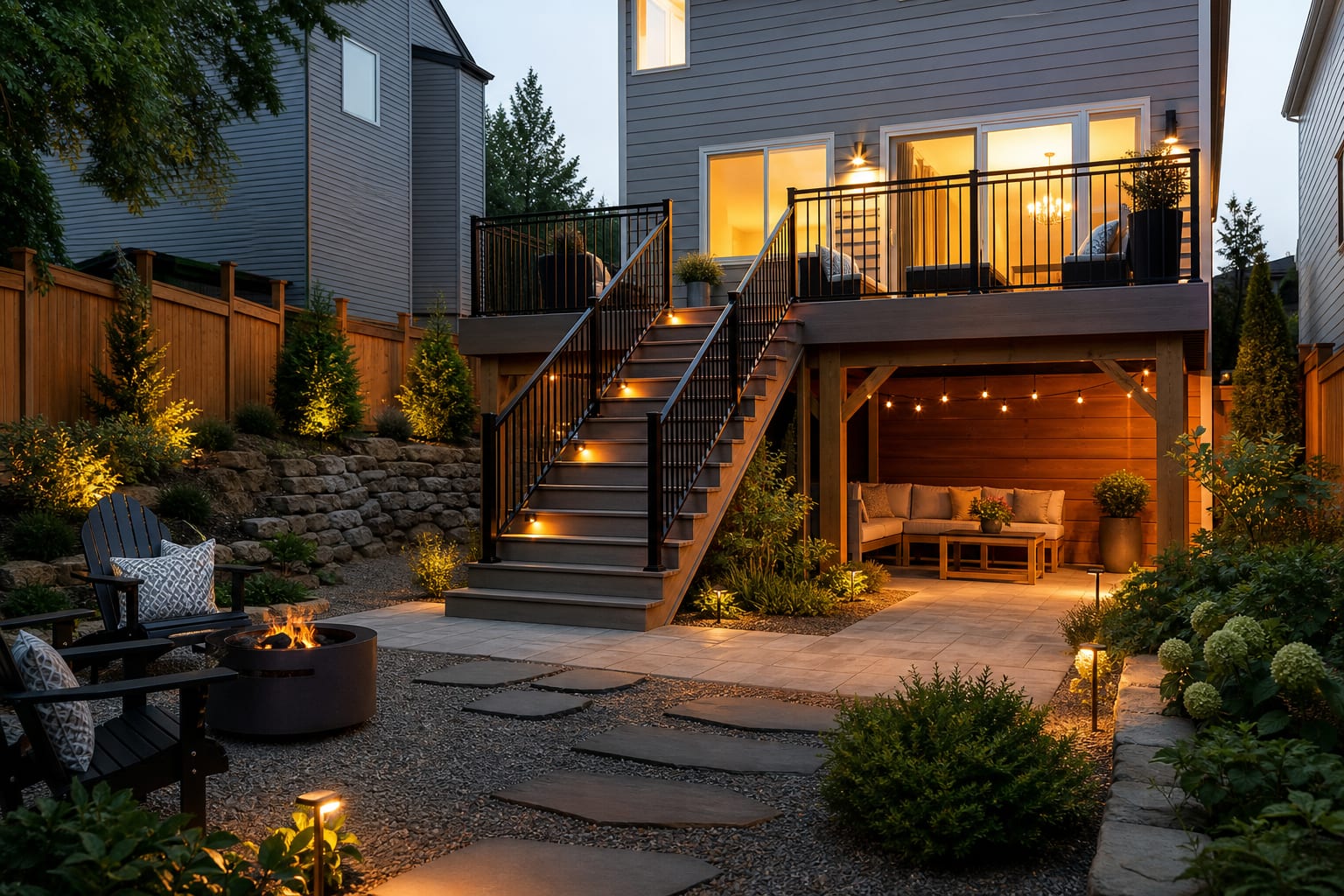 same backyard angle with a refined raised deck, broad stairs, black railings, under-deck patio, gravel drainage, and layered planting.