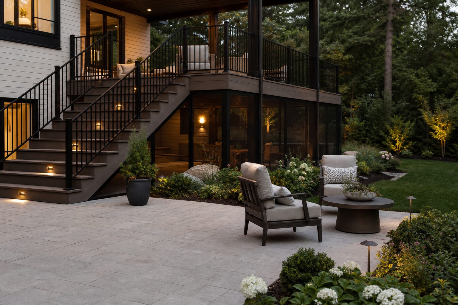 raised deck with screened underside, wide stairs, slim railings, and outdoor seating connected to a planted backyard