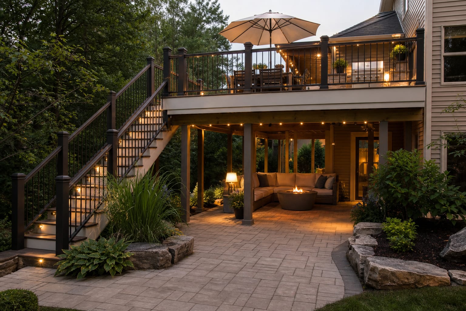 second-story deck with L-shaped stairs, dining table, grill zone, and a paver patio fitted beneath the structure