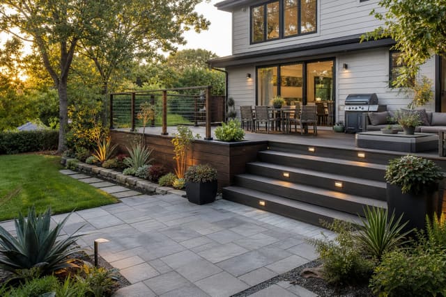 Raised Deck Design Ideas: High Outdoor Spaces and Their Design Possibilities shown as a photorealistic outdoor redesign with layered materials, planting, lighting, and clear circulation