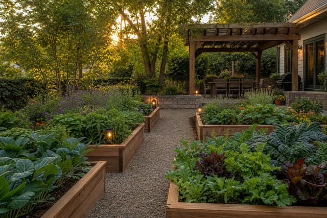 cedar raised garden beds with gravel paths, herbs, flowers, and vegetables arranged in a sunny backyard garden