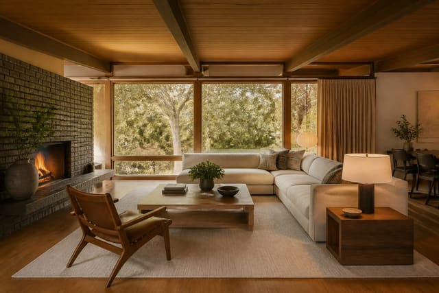 Ranch House Interior Design: Updating the American Classic, shown as warm editorial Re-Design photography of a modernized ranch house interior with low horizontal furniture, warm wood, larger windows, and simple trim at believable residential scale, no overlaid text, no watermark