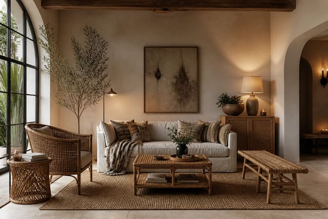 Rattan and Cane Furniture: A Material Guide and Styling Tips, shown as warm editorial Re-Design photography with believable residential scale, no overlaid text, no watermark