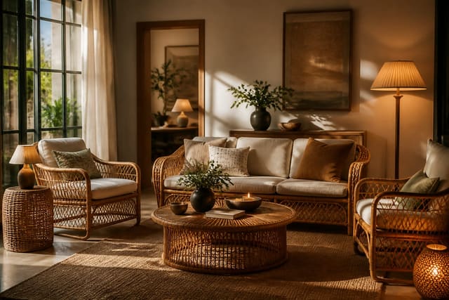 Rattan Furniture Ideas in a finished home interior, shown as a warm editorial Re-Design concept