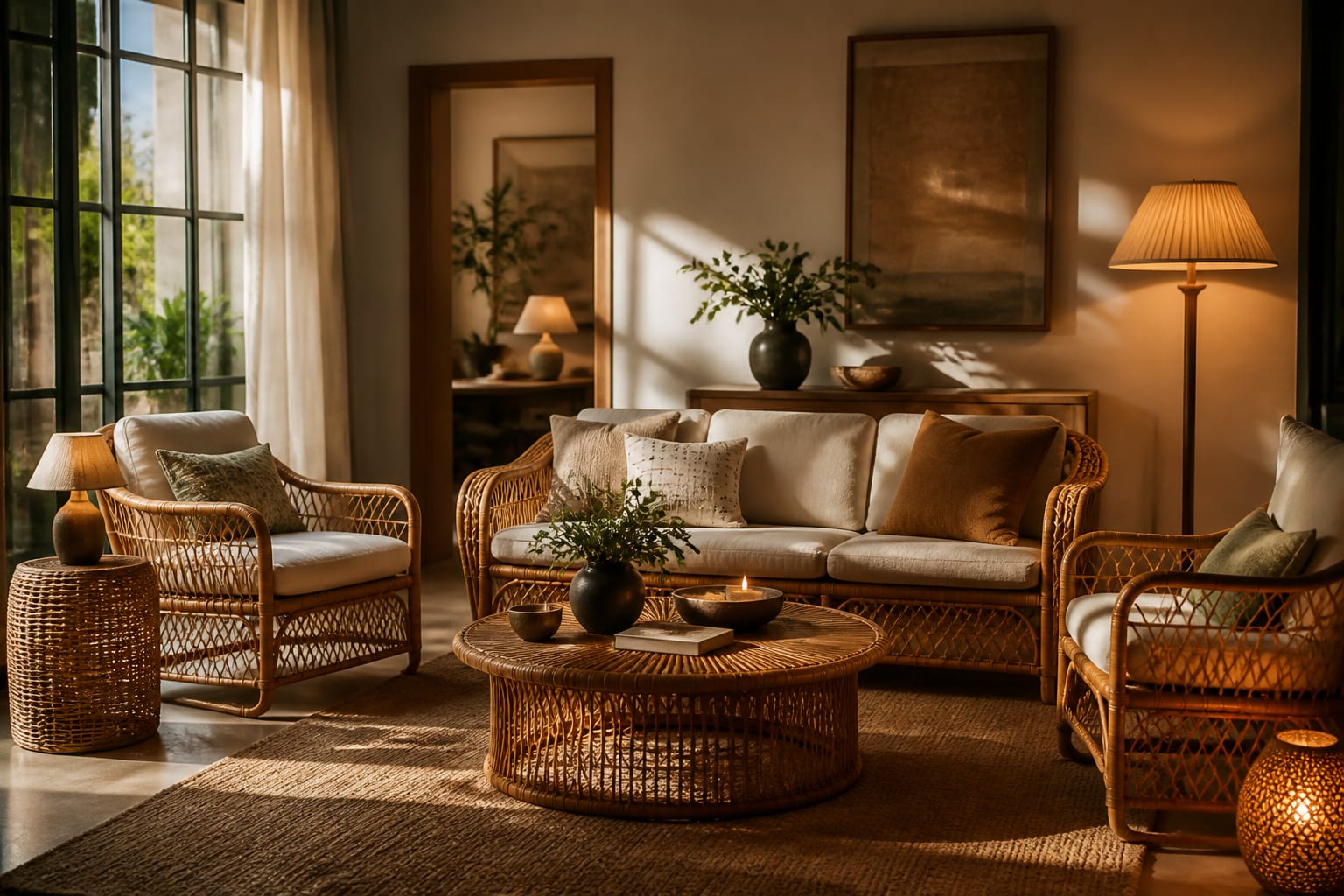 Rattan Furniture Ideas in a finished home interior, shown as a warm editorial Re-Design concept