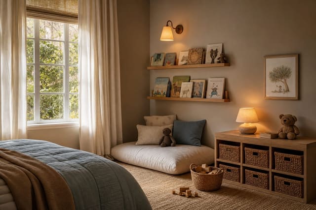 child-sized reading corner with a floor cushion, warm wall light, low book ledges, and washable curtains in a calm bedroom