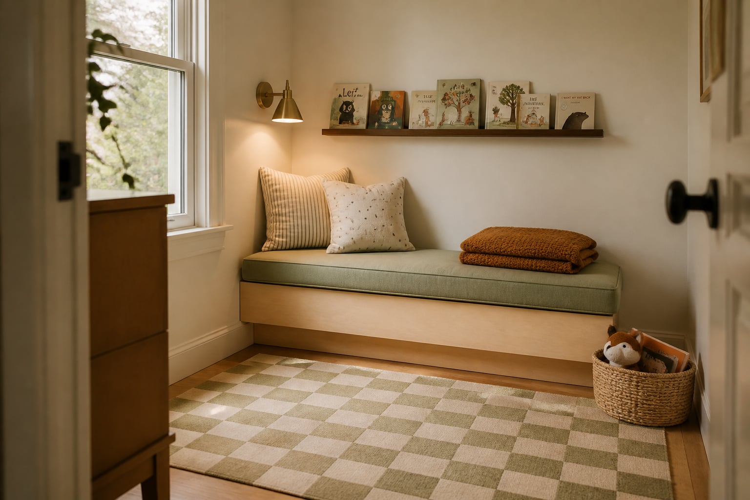 Same corner with a low pale-plywood built-in bench with a soft sage cushion, a walnut picture-rail shelf of children's books, a warm brass sconce, and a soft check cotton rug.