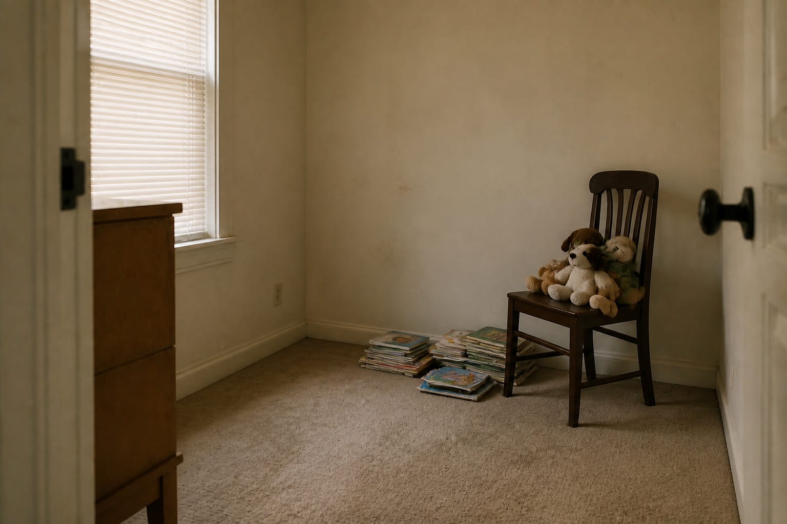 Kid's bedroom corner with a stiff dining chair piled with stuffed animals, books in a chaotic pile on the floor, bent plastic mini-blinds, and scuffed beige carpet.