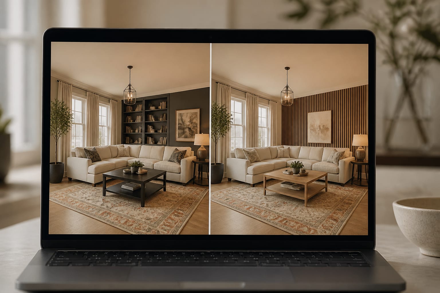warm living room shown on a laptop with side-by-side AI redesign previews using the same sofa, windows, rug, and lighting plan