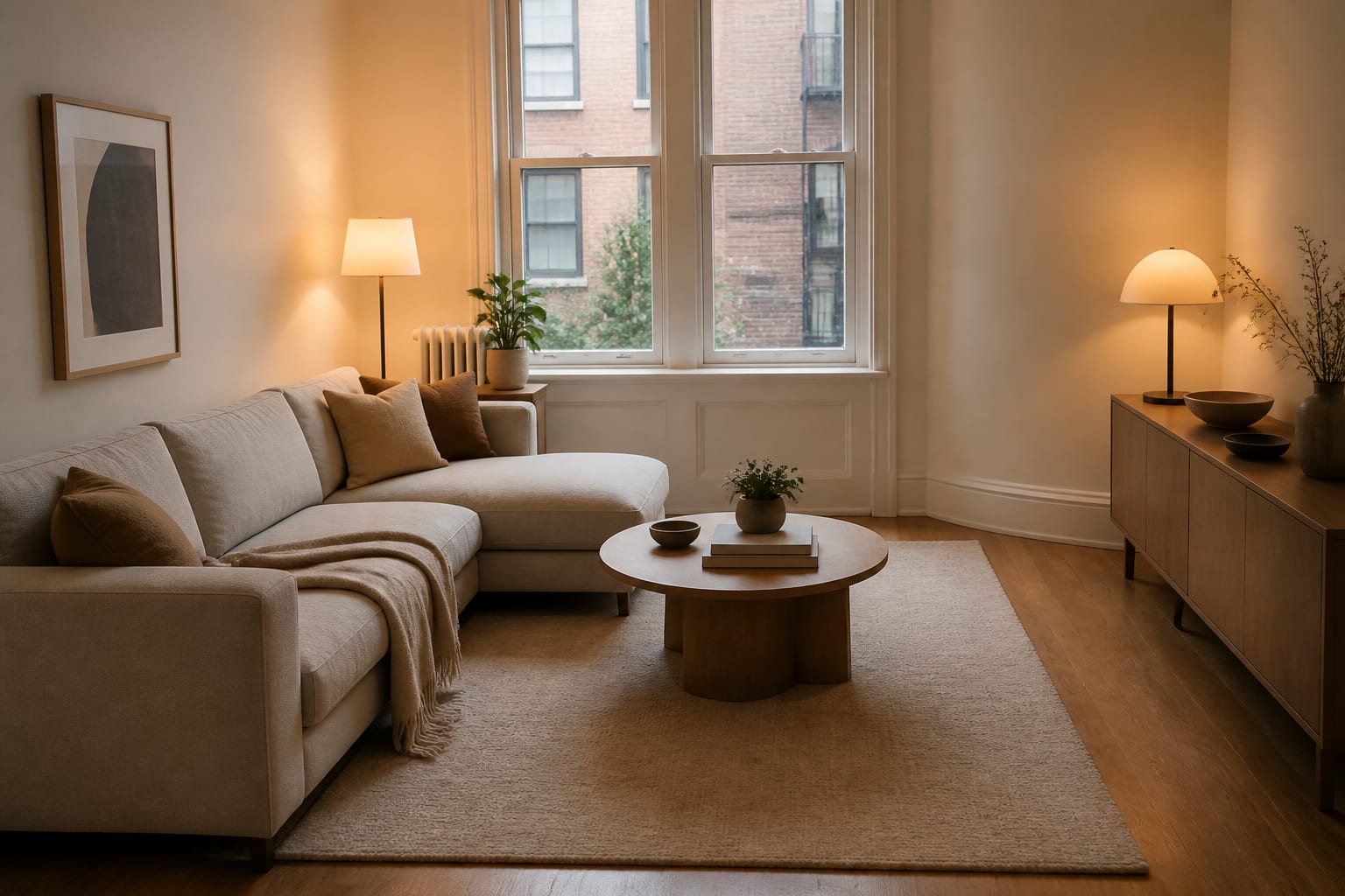 desktop view of an AI room prompt beside a modest apartment living room with existing sofa, lamp, radiator, and rug dimensions noted