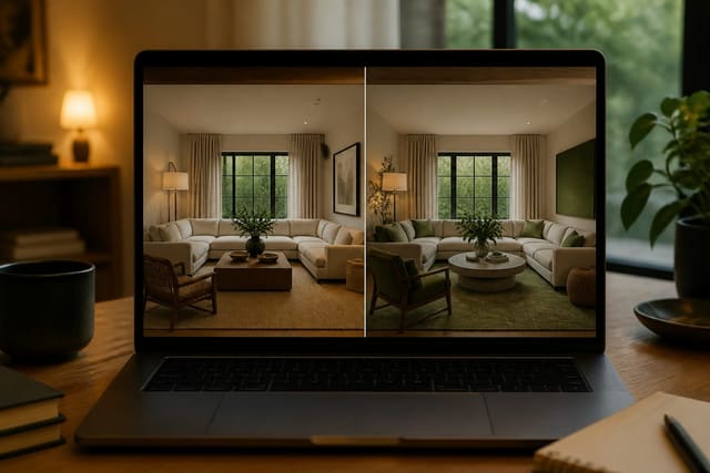 warm living room shown on a laptop with side-by-side AI redesign previews using the same sofa, windows, rug, and lighting plan