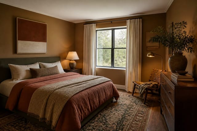 Budget room refresh with warm paint, layered lighting, textiles, and one focal piece, shown as a warm editorial Re-Design concept