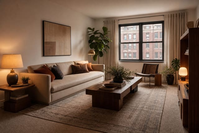 layered neutral area rug over low rental carpet with a slim sofa, wood table, and warm lamps in a compact apartment living room