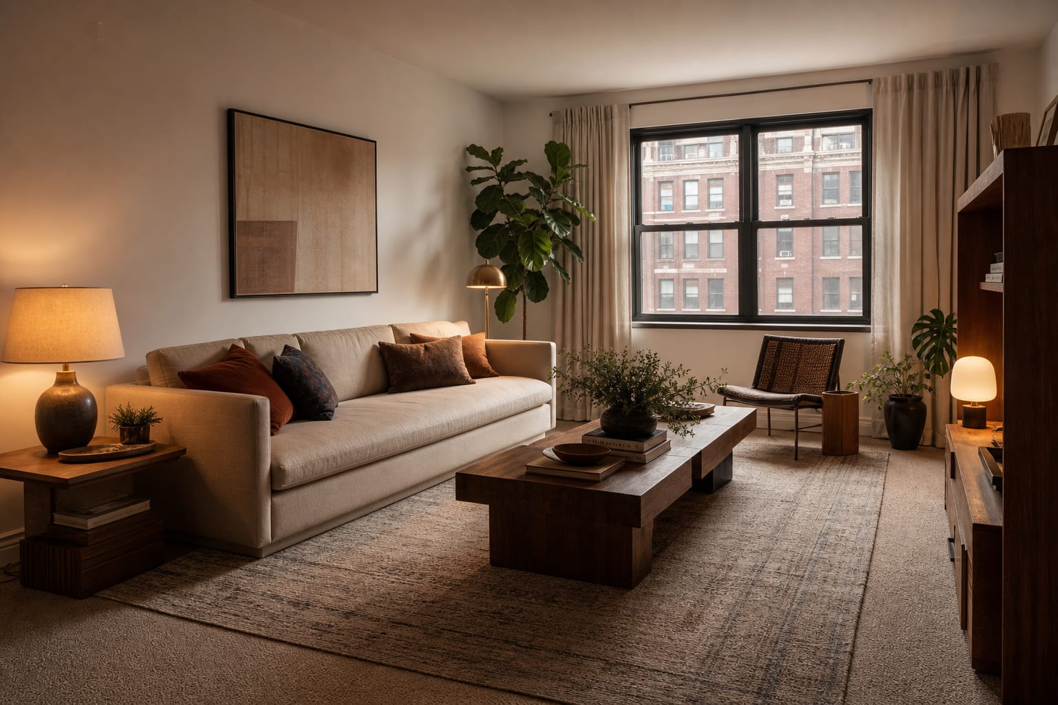 layered neutral area rug over low rental carpet with a slim sofa, wood table, and warm lamps in a compact apartment living room