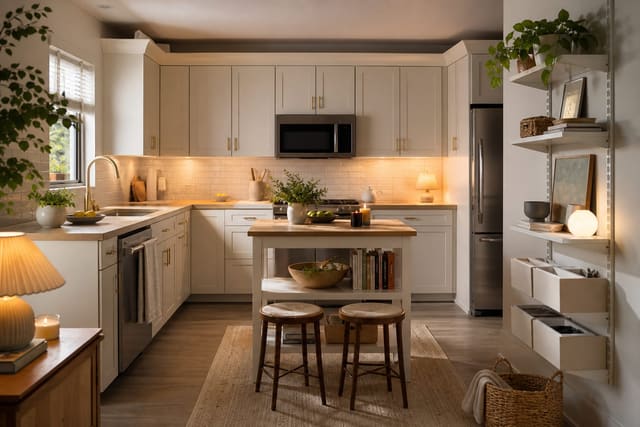 bright rental kitchen with peel and stick backsplash, plug in under cabinet lighting, and removable storage on a white wall