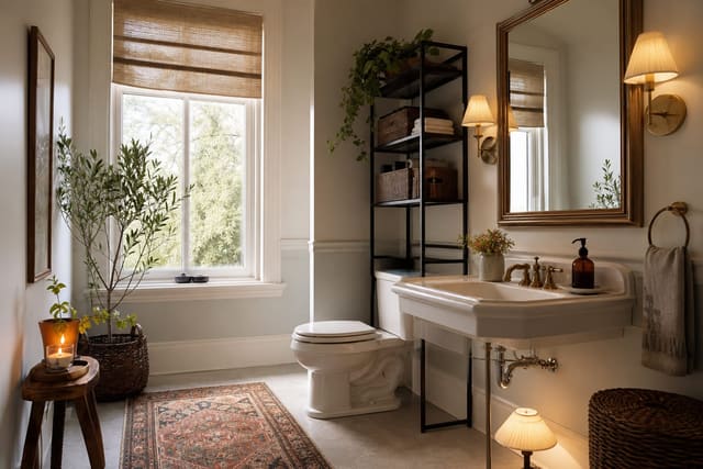 bright rental bathroom with a framed mirror, warm sconces, washable runner, and removable storage over a white sink