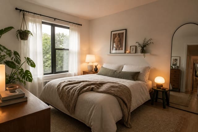 Editorial interior photograph showing renter-friendly bedroom ideas with no damage in a real bedroom, with warm residential materials, layered lighting, functional furniture placement, and a magazine-quality composition.