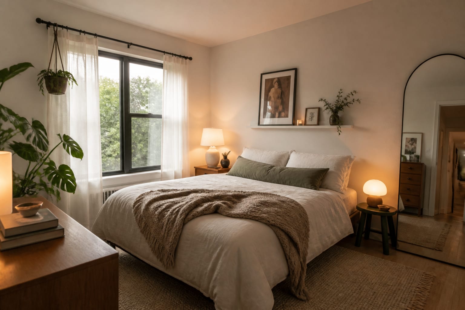 Editorial interior photograph showing renter-friendly bedroom ideas with no damage in a real bedroom, with warm residential materials, layered lighting, functional furniture placement, and a magazine-quality composition.