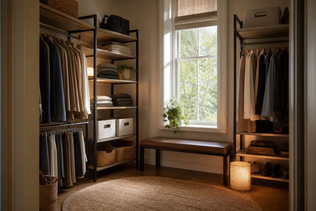 rental closet with freestanding shelves, double hanging rods, soft bins, and warm battery lighting installed without wall damage