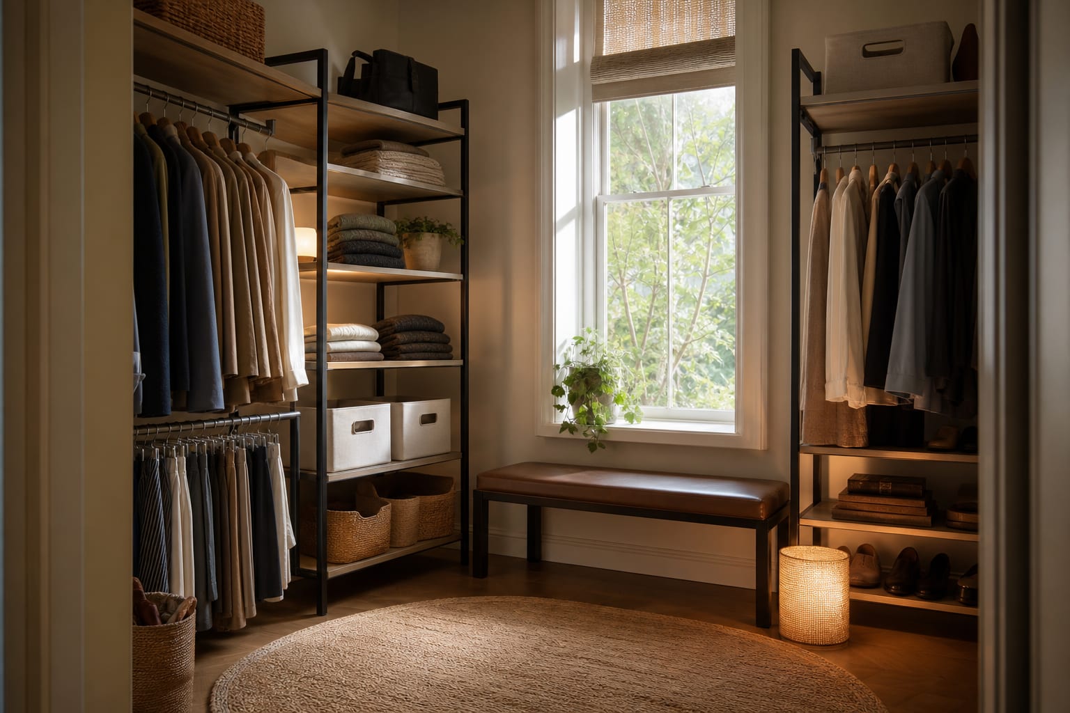 rental closet with freestanding shelves, double hanging rods, soft bins, and warm battery lighting installed without wall damage