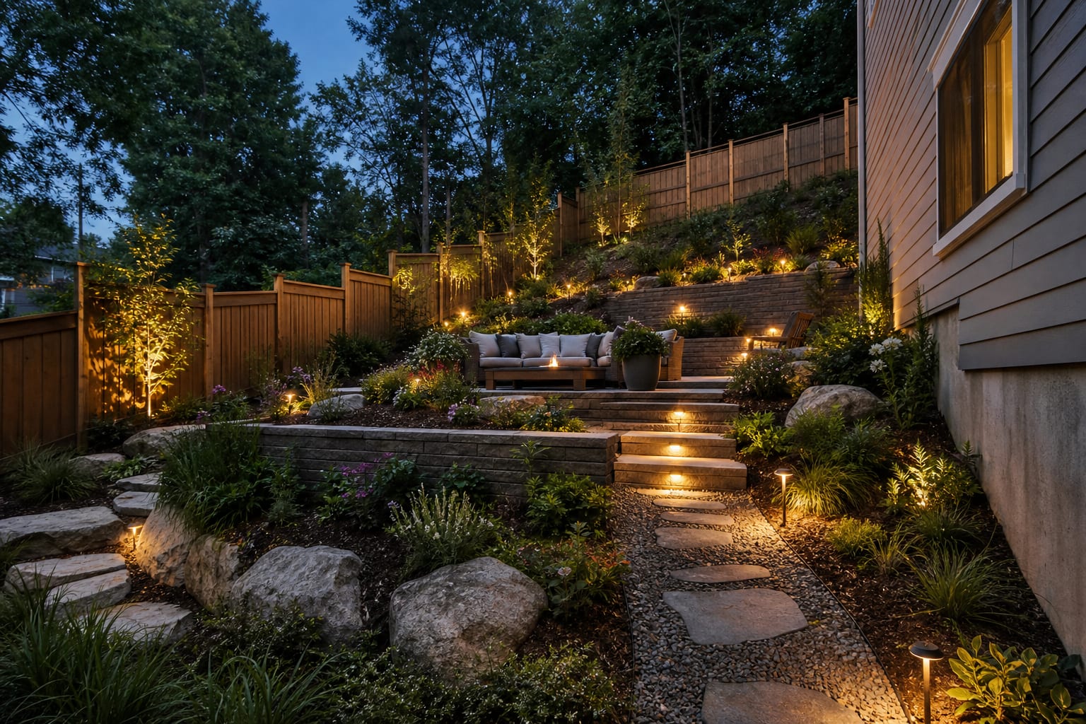 Same backyard angle redesigned with tiered retaining walls, gravel paths, planted beds, and a flat seating terrace.