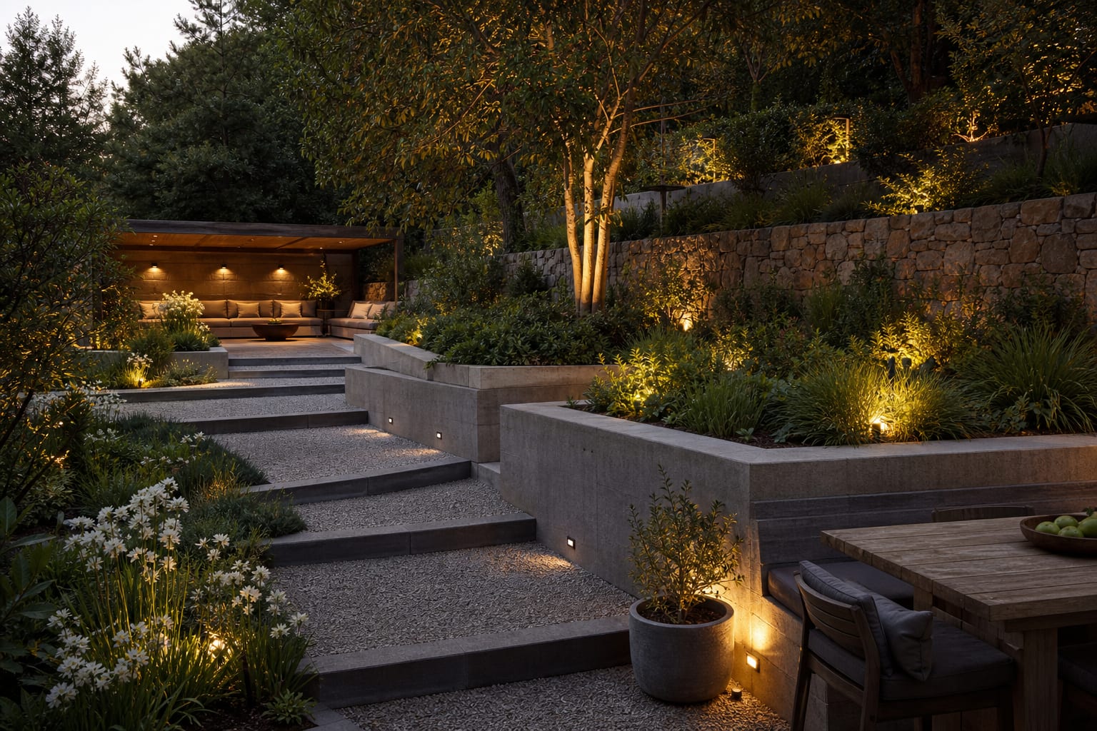 tiered garden with stone and concrete retaining walls, planted slopes, gravel paths, and usable seating terraces