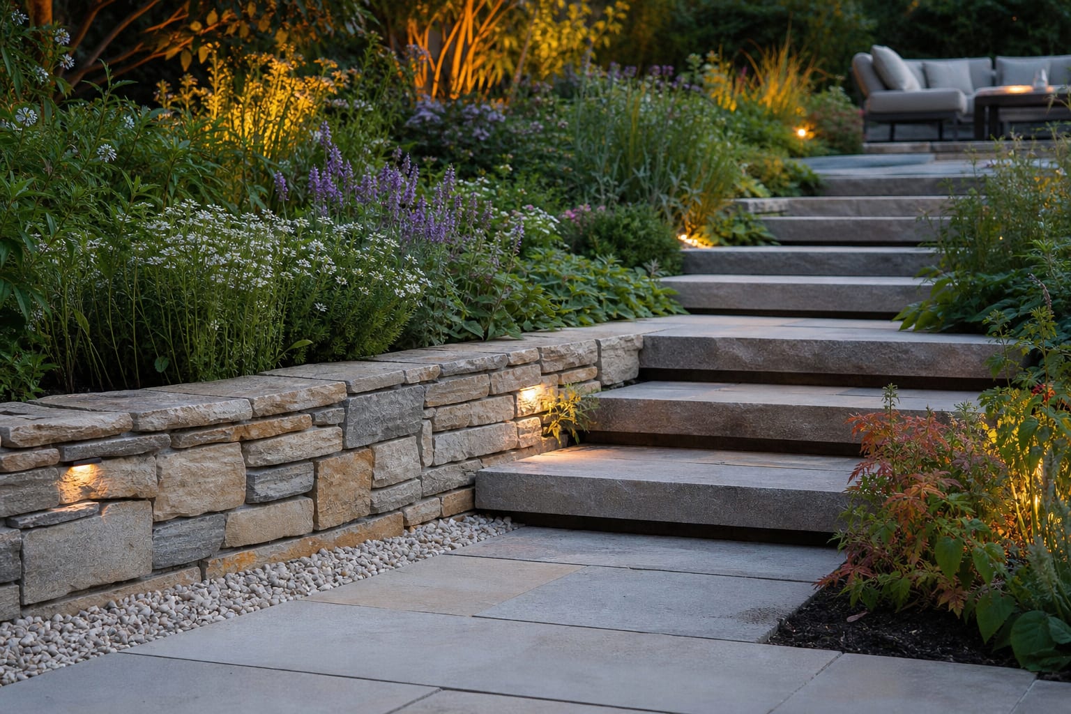 low stone retaining wall with broad garden steps, layered planting, and gravel drainage at the base