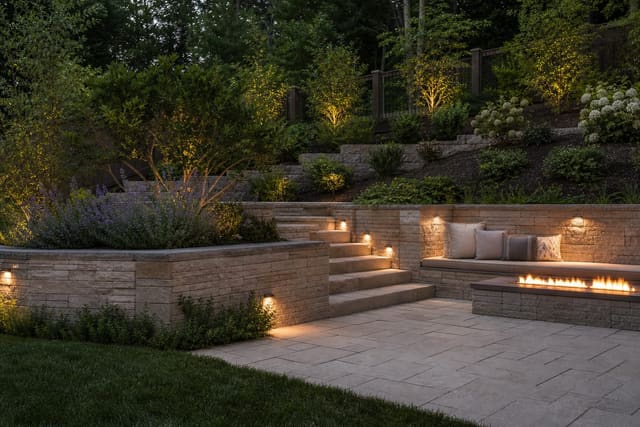 Retaining Wall Ideas: Slope Solutions That Double as Design Features shown as a photorealistic outdoor redesign with layered materials, planting, lighting, and clear circulation
