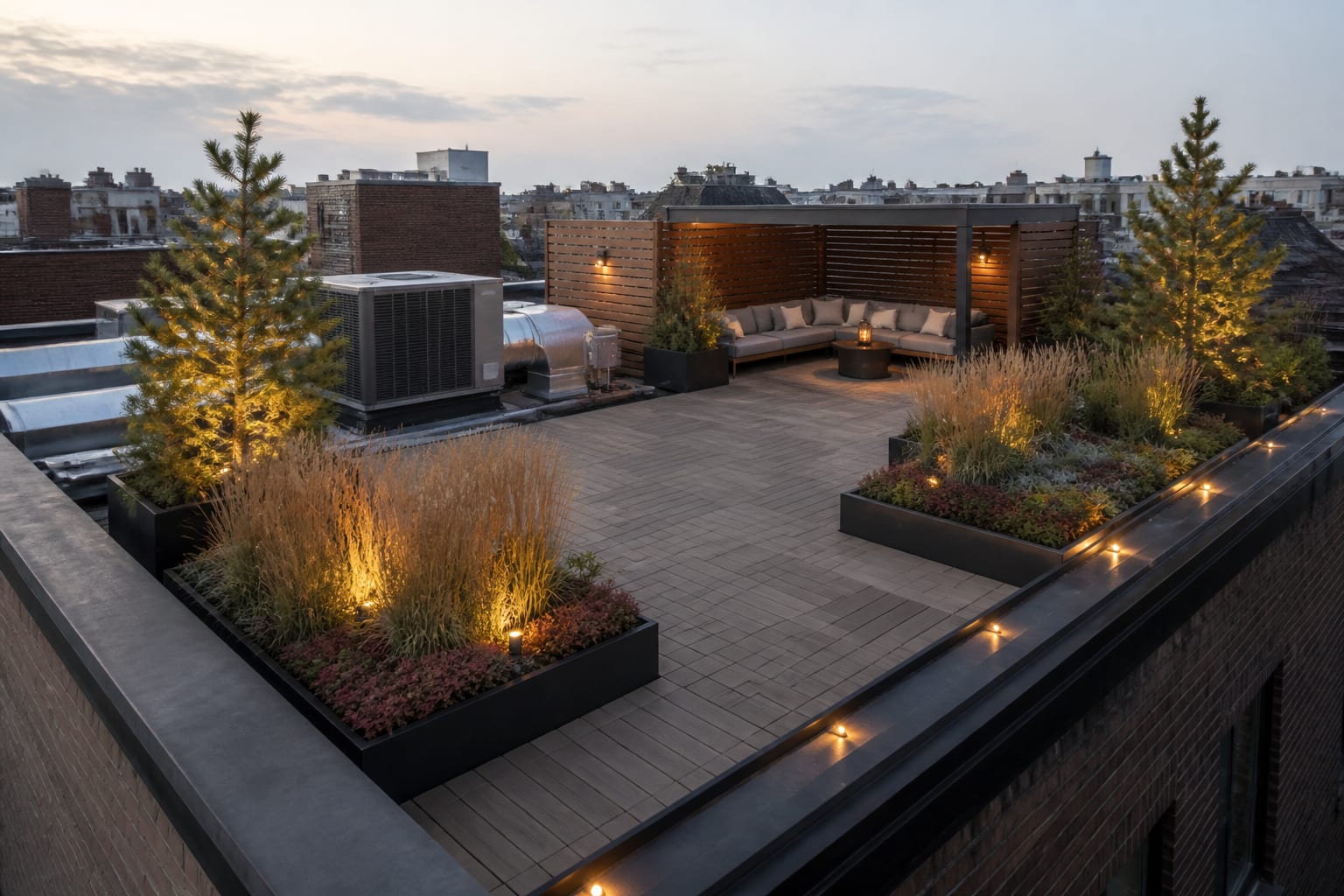Same rooftop with lightweight planters, grasses, slatted wind screens, and decking after redesign