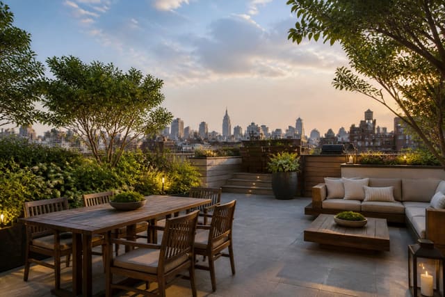 Editorial outdoor residential space illustrating roof garden ideas: designing green space on a building top with warm natural light, realistic planting, hardscape, and furniture scale