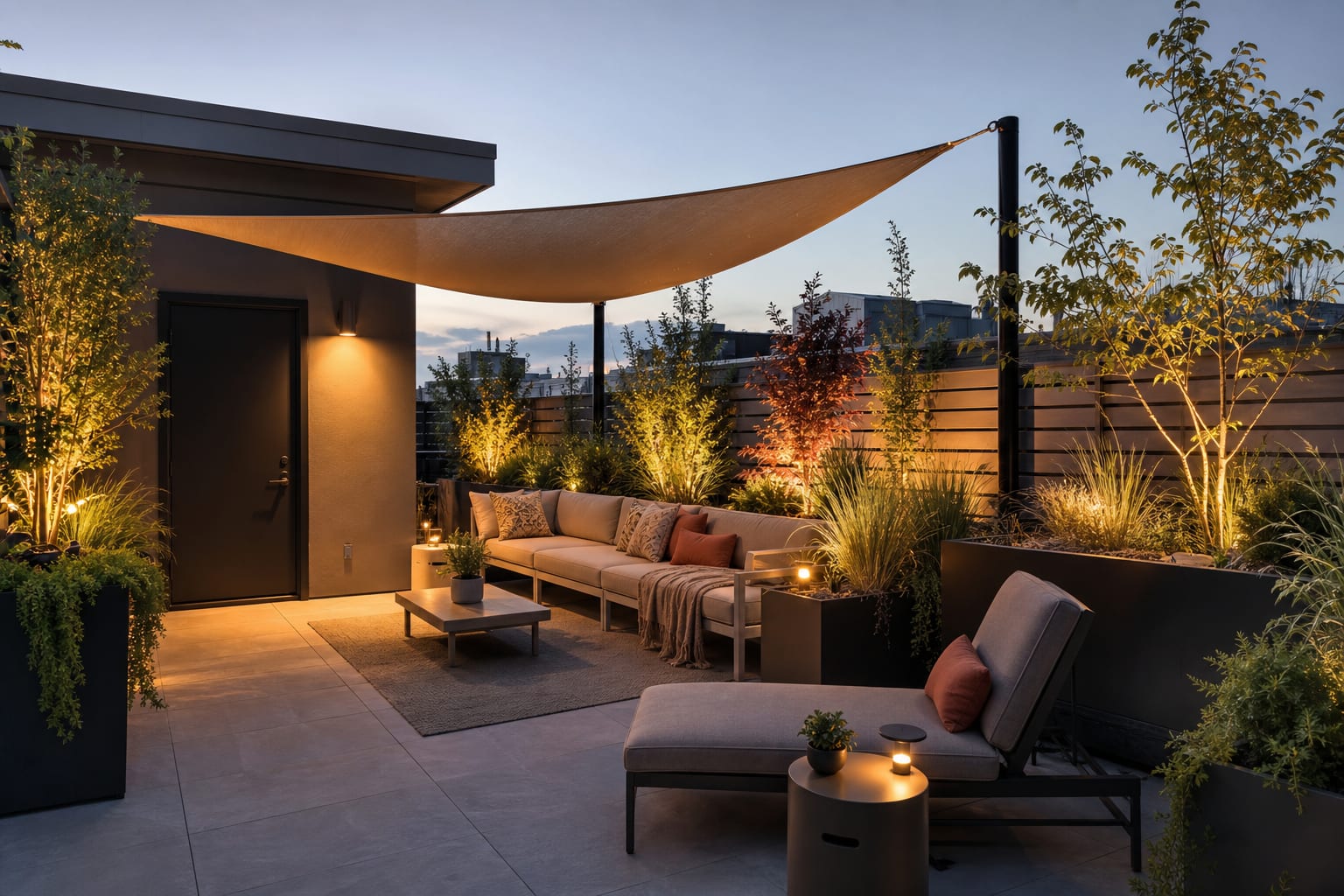 same rooftop transformed with long planters, wind-tolerant greenery, a shade sail, lounge furniture, and warm path lighting