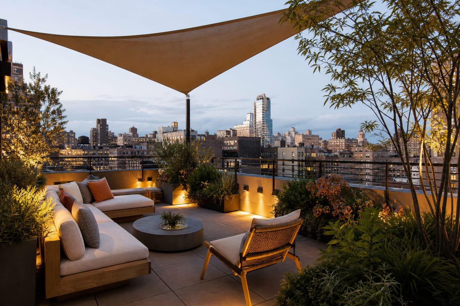 rooftop terrace with perimeter planters, shade sail, compact lounge seating, and warm low-level lighting above city buildings