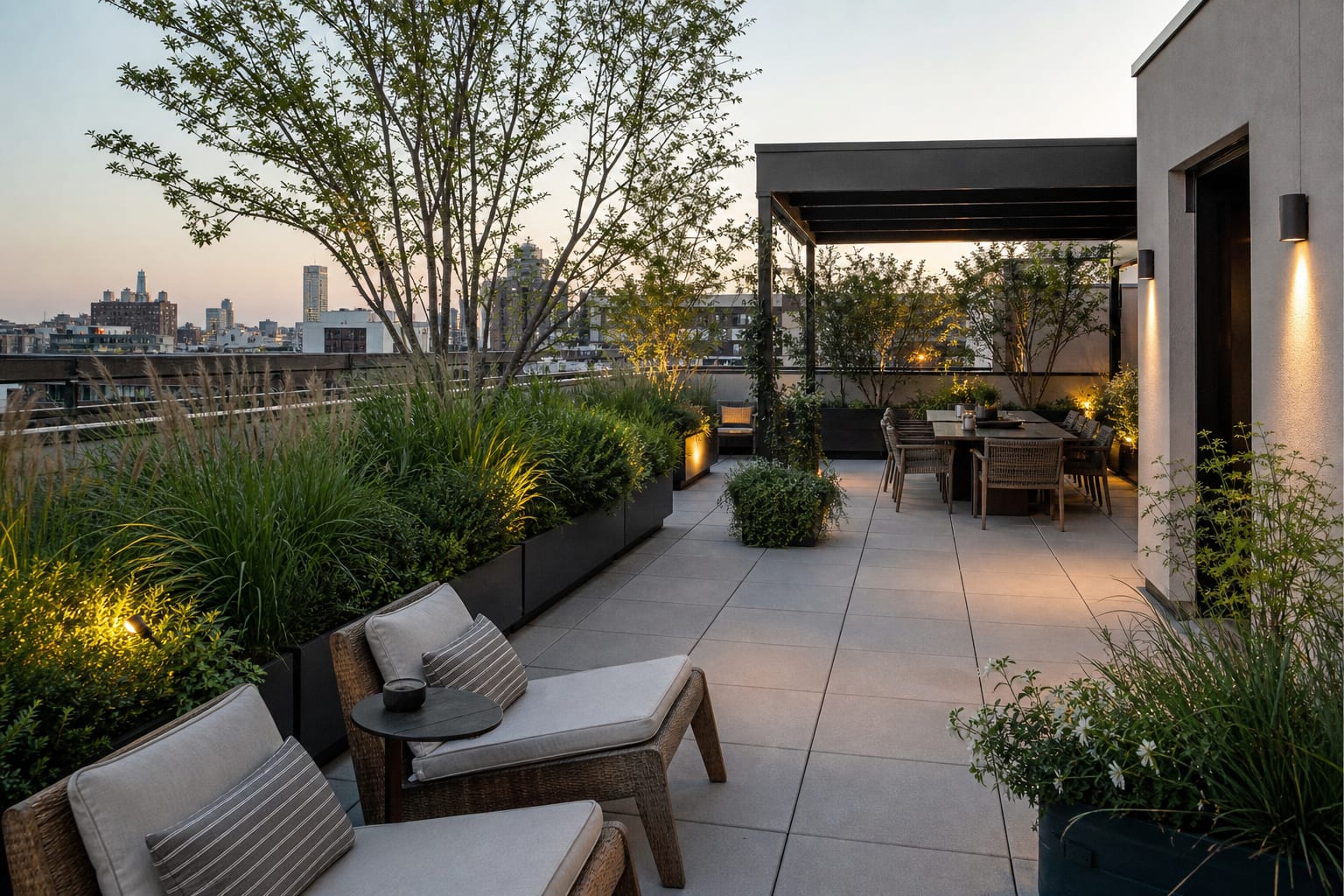 urban rooftop garden with fiberglass trough planters, layered grasses, low lounge chairs, and shaded dining near the roof door