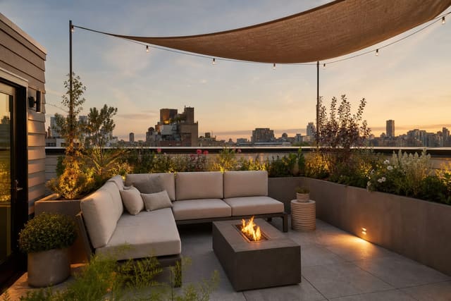 rooftop terrace with perimeter planters, shade sail, compact lounge seating, and warm low-level lighting above city buildings