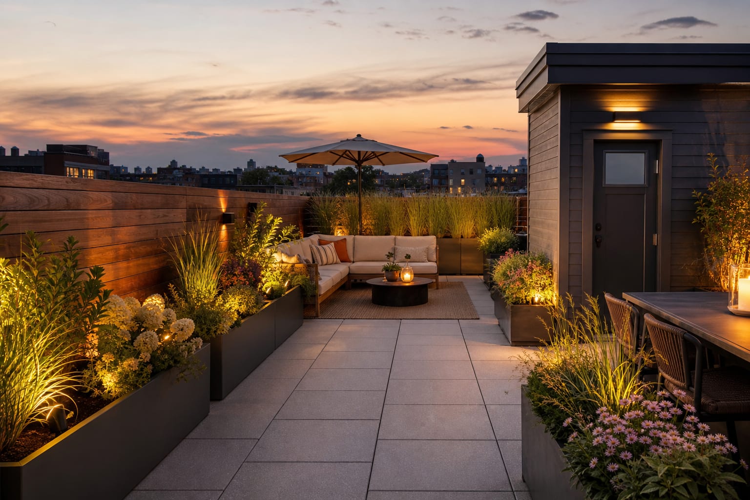 same rooftop angle with modular lounge seating, pedestal pavers, long planters, a shade canopy, and warm low lighting