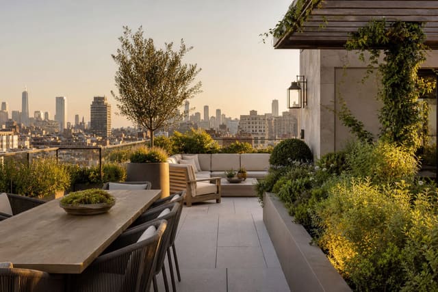Rooftop Terrace Ideas: Urban Outdoor Living at Height shown as a photorealistic outdoor redesign with layered materials, planting, lighting, and clear circulation