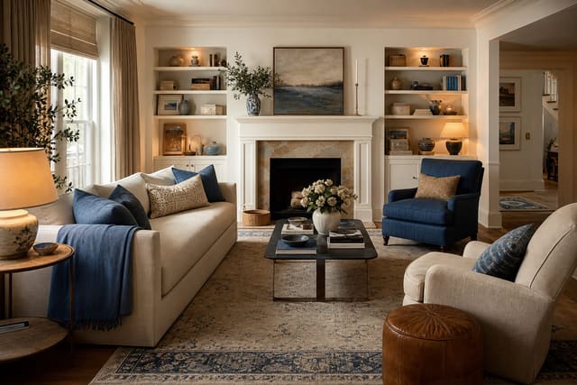 living room with mixed colorful decor edited into a calmer palette using repeated blue, tan, and cream accents