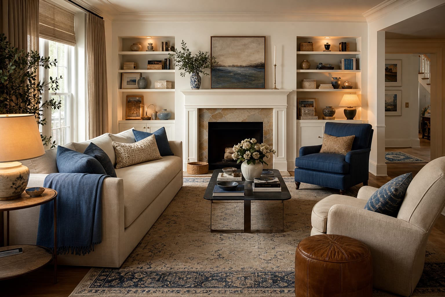 living room with mixed colorful decor edited into a calmer palette using repeated blue, tan, and cream accents