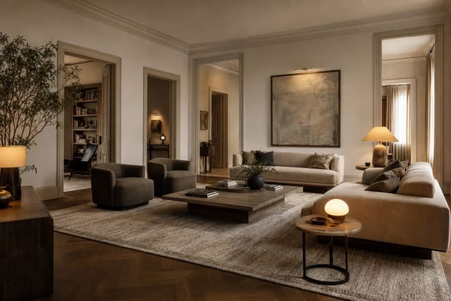 living room with several doorways, floating seating, a large rug, and lamps defining a central conversation zone