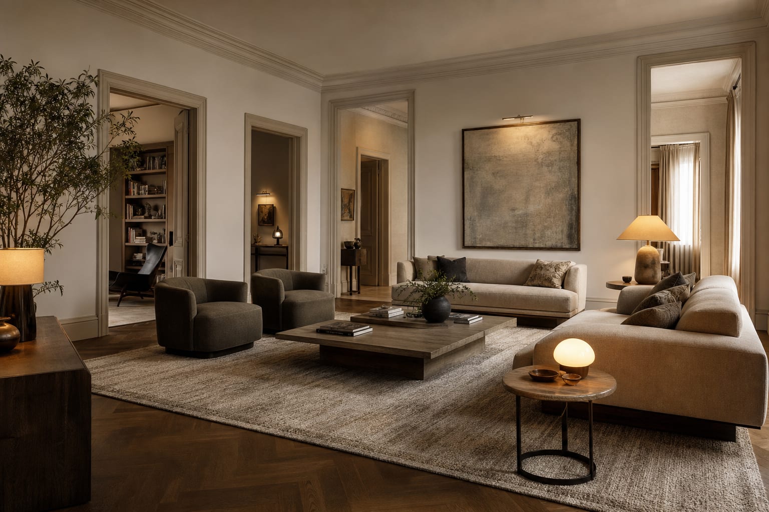 living room with several doorways, floating seating, a large rug, and lamps defining a central conversation zone